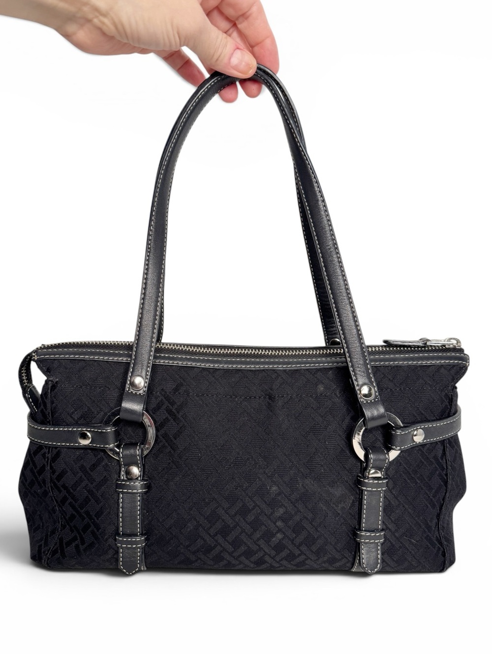 Talbots Vintage Y2K Black Cotton Leather East West Satchel Shoulder Bag